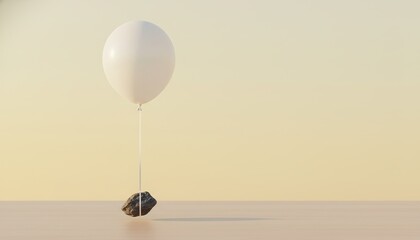 Balloon, Rock, Lifting, Floating, Contrast, Minimalist, Concept illustration of surreal levitation where a white balloon carries a heavy stone over a warm neutral surface.