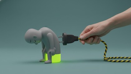 burnout, exhaustion, low battery, recharging, fatigue, tired, mental health concept of a human hand plugging in a power cable to a slumped 3D figure with a glowing battery base.