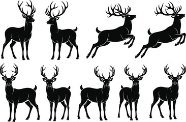 Naklejka premium Deer silhouette vector illustration, antlered stag artwork, wildlife animal design, forest emblem composition, black and white creative art