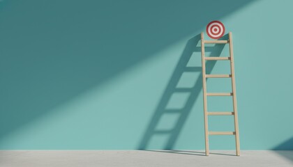 target, ladder, success, goal, achievement, growth, career development concept featuring a wooden ladder leaning against a blue wall with a red bullseye icon for business progress.
