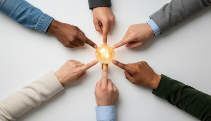 Collaboration, Idea, Innovation, Teamwork, Brainstorming, Creativity, Diversity represented by diverse hands pointing to a glowing light bulb for business concept and solution.