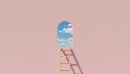 Ladder Window Opportunity Success Ambition Growth Pink. A minimal conceptual 3D render of a wooden ladder leaning against a pink wall toward an arched window with a blue sky.