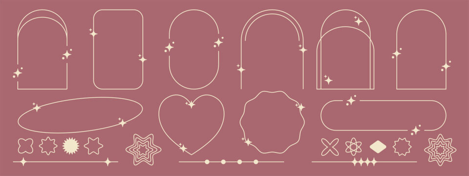 Set of aesthetic, minimalist line art frames and borders with arches, geometric shapes, and text dividers embellished with sparkles