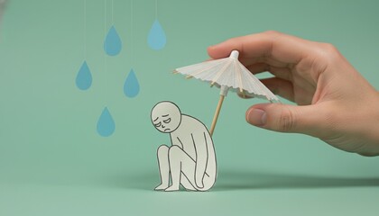 mental health, support, protection, depression, care, empathy, help concept shown by a hand holding an umbrella over a sad paper cutout figure under paper rain on green background.