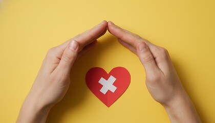 health insurance, medical protection, heart health, safety, care, protection, medicine, hands forming a shelter over a red paper heart with a white cross on a yellow background.