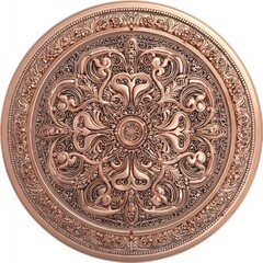 Intricate, circular, embossed ornament with floral and stylized elements in bronze