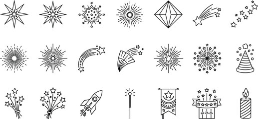 Fireworks and celebration line icon set featuring firecrackers, rockets, sparklers, shooting stars, party hats, and festive holiday elements for New Year anniversary event © Liton Roy