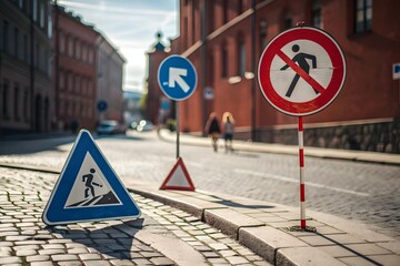 A red and white circular no parking traffic sign stands as a forbidden symbol on a street post to provide a safety warning that cars are prohibited from stopping on the road