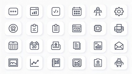 personalized AI assistant Set of 25 minimalistic, black line icons on white rounded square backgrounds related to business, analytics, and technology.