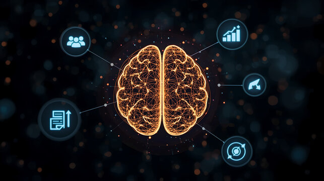 Artificial intelligence concept showing glowing digital brain connected to business and data icons.