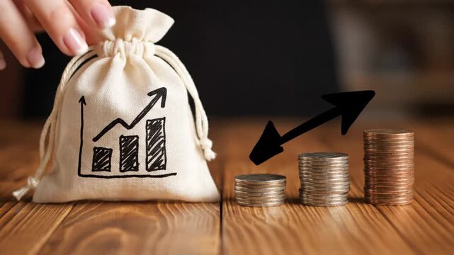 A hand near a moneybag with a growth chart and 3 coin stacks