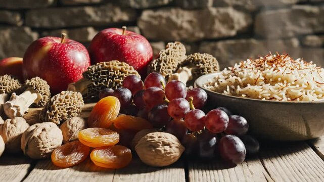 Still life composition with red apples, grapes, apricots, walnuts, morels, and saffron rice on wooden table