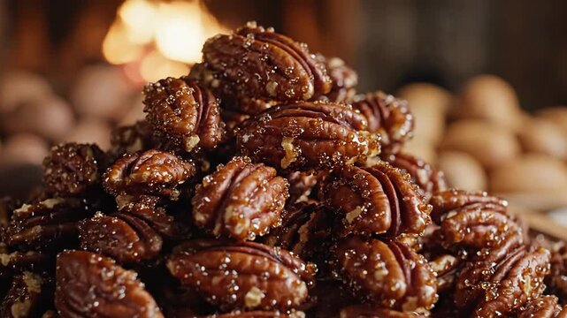 Glistening candied pecans piled high in a rustic setting with a warm fireplace glow