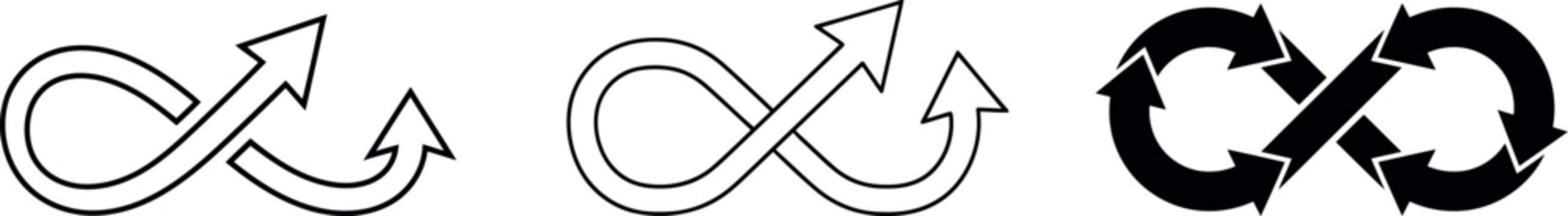 Infinity outline and black arrow icon set representing continuous cycle vector isolated on transparent background