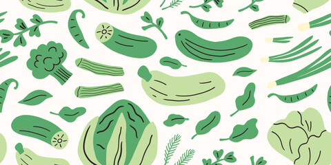 Farm agricultural local food, green vegetables from farm, local market seamless pattern. Hand drawn simple doodle illustration. Farming, agriculture or local organic production set. No gmo, healthy.