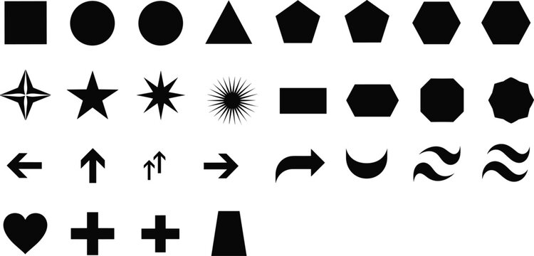 Geometric shapes, arrows, stars, moon, heart, plus sign, symbols, icons, black silhouette, vector illustration design collection
