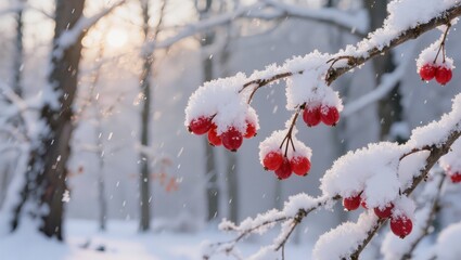 Snowdusted Frozen Berries Among Trees In Woodland, Tranquil Afternoon Light With Gentle Snow Flurries And Sparkling Frost, Seasonal Calm Perfect For Holiday, Nature, And Landscape Visuals.