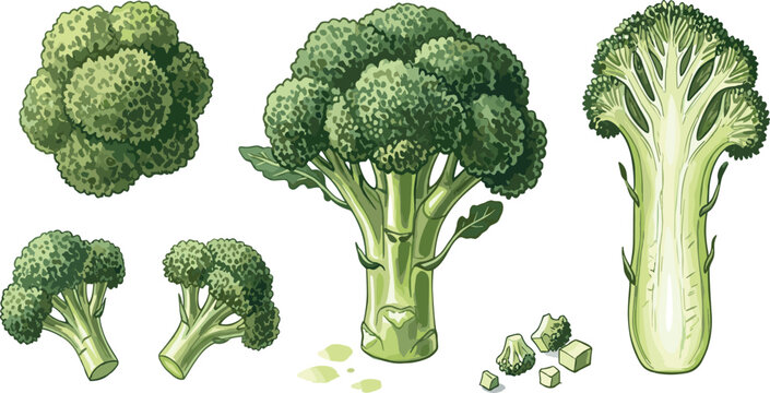 Broccoli whole head and florets fresh green vegetable vector set with organic healthy food ingredient for cooking and nutrition design.