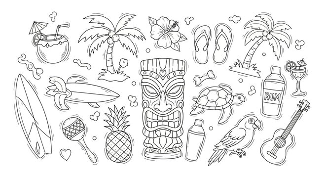 Black and white line art collection of tropical and Hawaiian themed elements including tiki mask, palm trees, surfboard, pineapple, and cocktails.