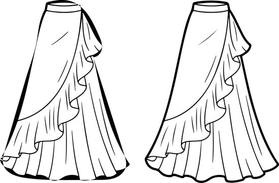 Women&rsquo;s Asymmetrical Ruffle Skirt Technical Flat Sketch Front & Back Views