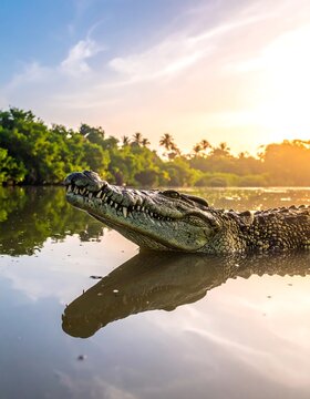 A crocodile swims in calm waters with trees and sunset