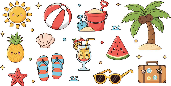 Summer beach vacation icons with palm tree cocktail watermelon sunglasses flip flops sand bucket and travel suitcase vector set.