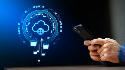 Person uses smartphone to access cloud services for data management
