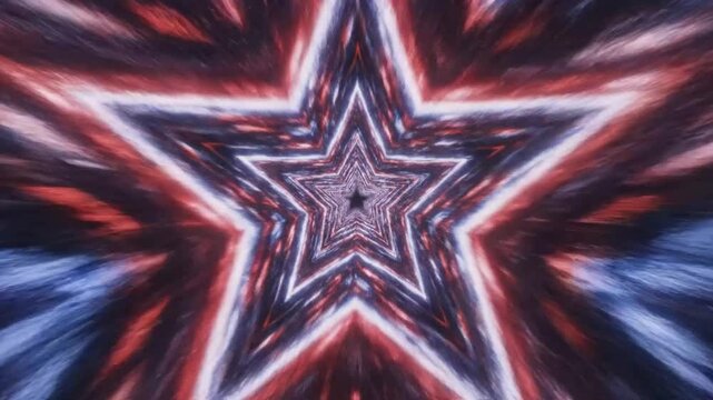 Abstract star tunnel of light with red, white, and blue colors, futuristic space travel background.