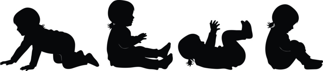 Silhouette illustration of child in crawling, sitting, lying, and upright postures, developmental stages, playful design, minimalist vector artwork © MstAlea