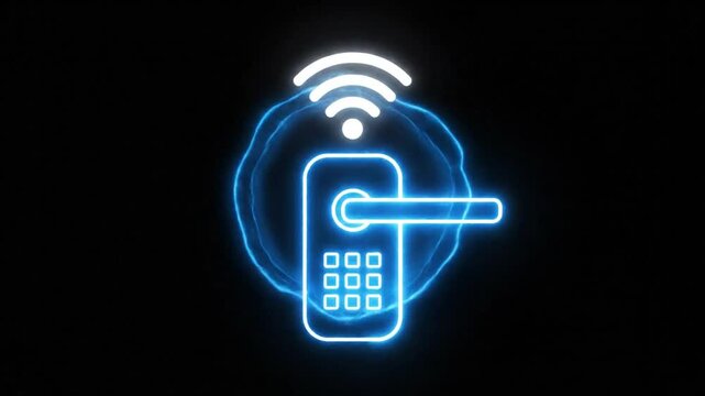 Futuristic smart lock concept with a glowing neon outline and a Wi-Fi symbol against a black backdrop