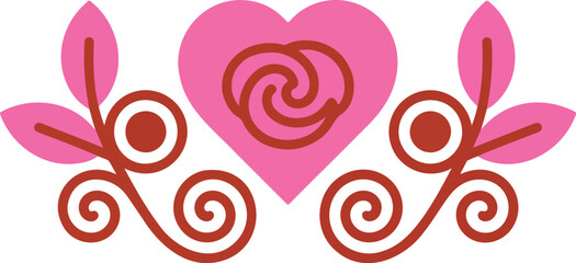 Fototapeta premium Romantic Heart with Floral Swirls Vector Line Art Decoration Set