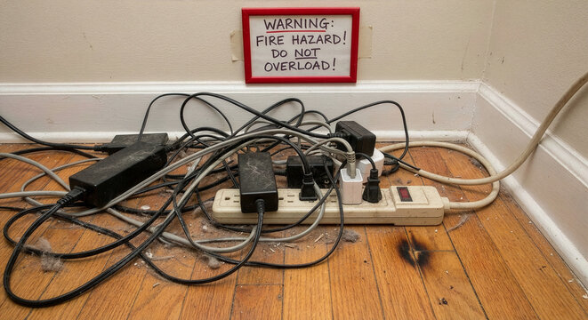 Dusty overloaded power strip with tangled cables and a fire hazard warning sign on the floor