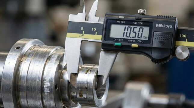 Close up of digital caliper measuring a machined metal shaft component displaying ten point five zero millimeters