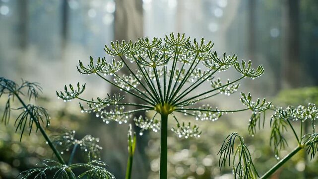 Close-up view of fresh dill plant with water droplets in a misty forest setting