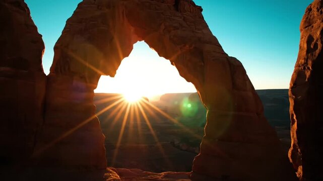 Majestic sunrise revealing through a natural rock arch in a vast desert landscape with golden light