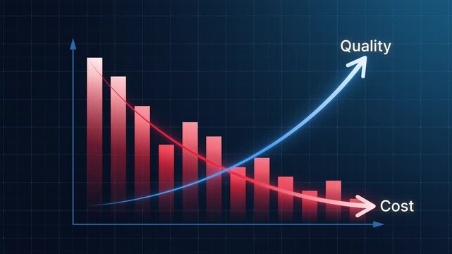 Cost control and quality improvement concept. Red bar chart with line graph showing cost reduction and improving quality. Successful business strategy, efficiency, product optimization and management
