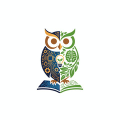 Obraz premium An owl perched atop an open book surrounded by leaves and circuitry, symbolizing wisdom and knowledge in a hybrid of nature and technology.