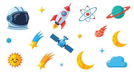 Cartoon space elements set featuring an astronaut helmet, rocket, planets, stars, sun, moons, comets, satellite, and atom on a white background. © tr