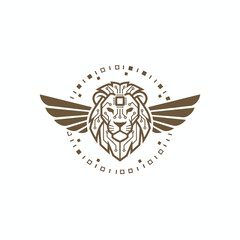 Naklejka premium Stylized lion head illustration with wings and geometric shapes, symbolizing strength and freedom in a circular emblem