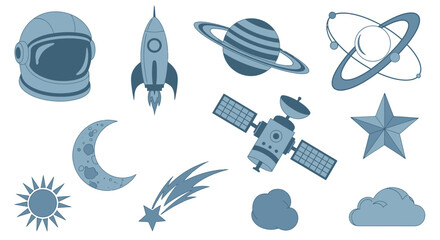 A collection of blue monochromatic space and celestial objects including planets, stars, rockets, and an astronaut helmet on a white background. © tr