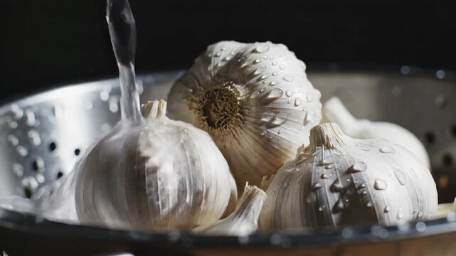 Fresh garlic bulbs being rinsed under a stream of water in a metal colander, preparing for culinary use
