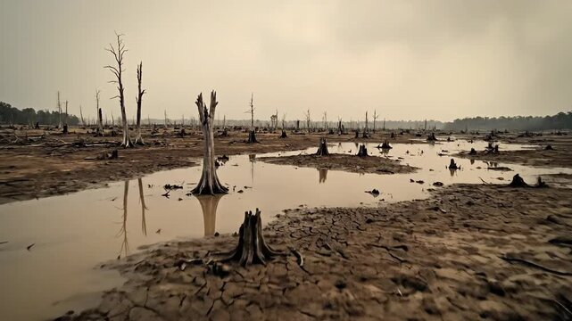 Desolate Deforested Landscape with Silty Water Pools and Barren Tree Stumps