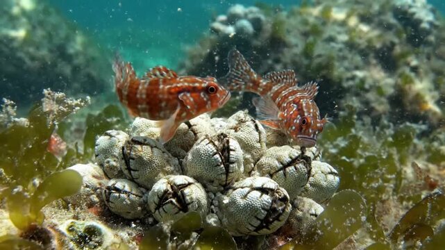 Red and white patterned fish swim near a cluster of barnacles underwater showcasing marine life