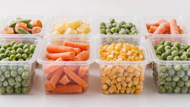 Clear Containers Of Frozen Peas Carrots And Corn Lined Up For Meal Prep, Uniform Portions And Bright Colors For Quick Reheating And Packed Lunches, Efficient Pantry Organization.