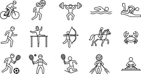 Sports activity line icon set featuring cycling, basketball, weightlifting, swimming, running, archery, horse riding, and tennis for competition and fitness  © Liton Roy