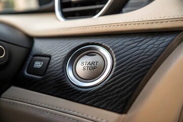 Obraz premium Modern car interior detail showing engine start stop button