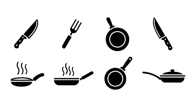 Kitchen cutlery and cooking pan vector icons set, flat style illustrations of knife, fork, and various frying pans.