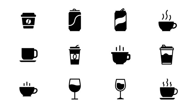 Assortment of hot and cold beverage vector icons including coffee cups, soda cans, and wine glasses, diverse drink selection.