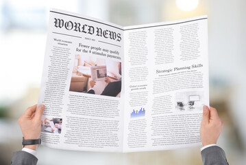 Young businessman reading newspaper on white background