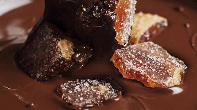 Rich Dark Chocolate Drizzled Over Candied Ginger Pieces Close-Up